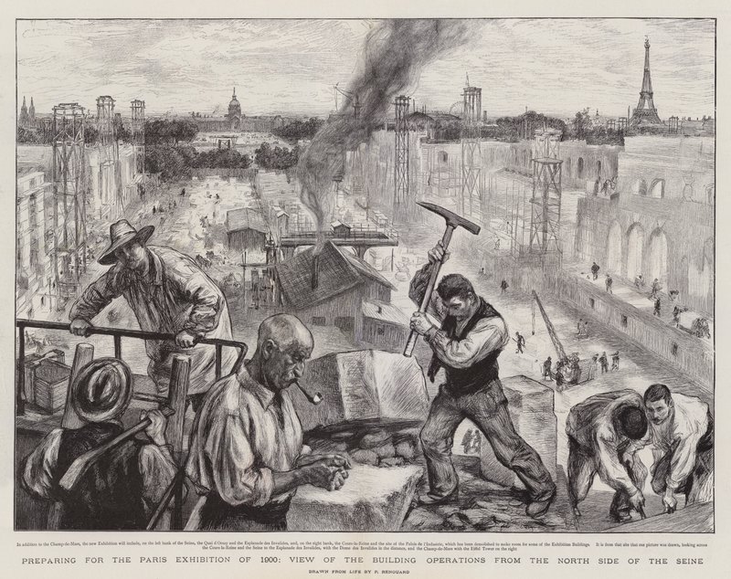 Förberedelser för Parisutställningen 1900, vy över byggnadsverksamheten från Seine norra sida av Charles Paul Renouard