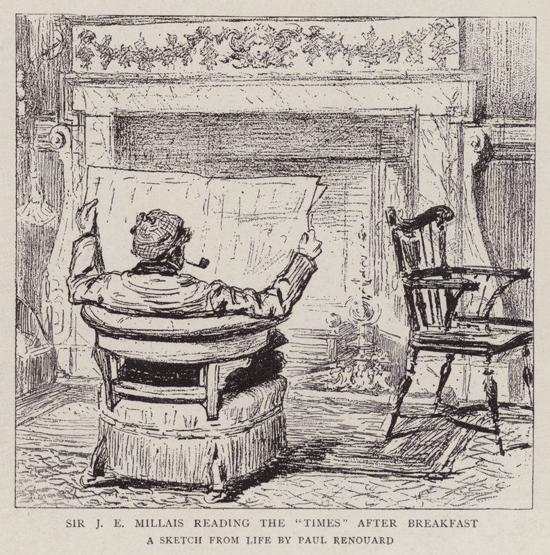 Sir J E Millais läser The Times efter frukost av Charles Paul Renouard