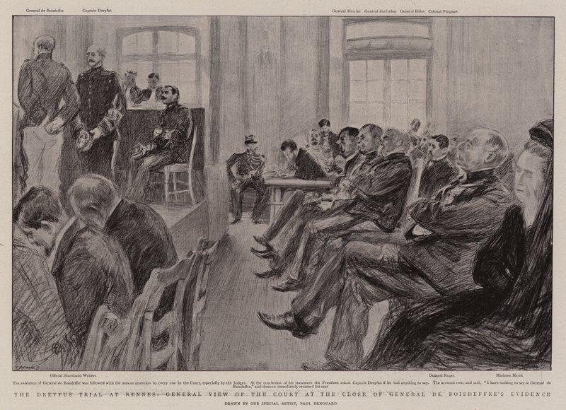 Dreyfusrättegången i Rennes, allmän syn på domstolen i slutet av general de Boisdeffres vittnesmål av Charles Paul Renouard