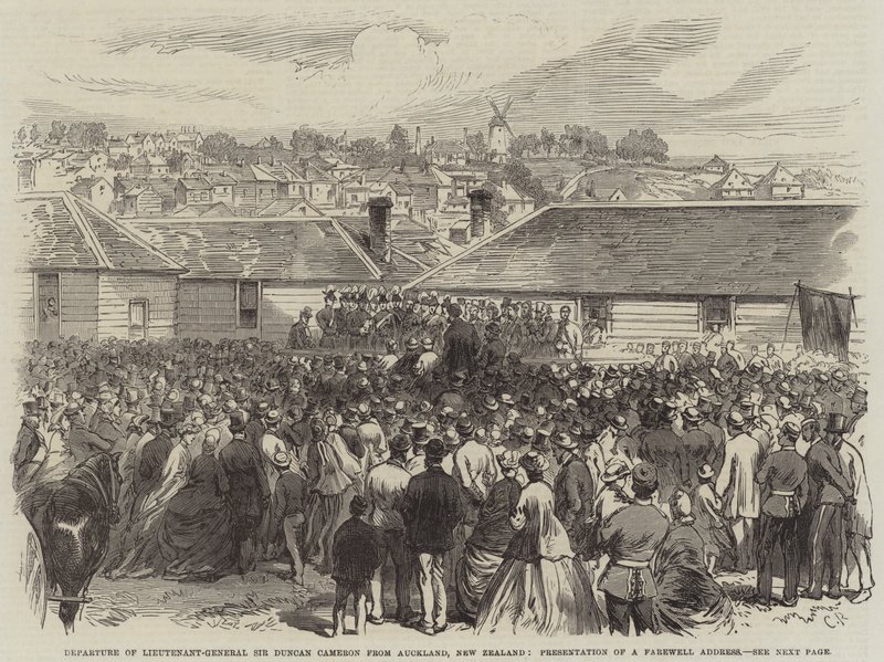 Generallöjtnant Sir Duncan Camerons avgång från Auckland, Nya Zeeland, presentation av ett avskedsanförande av Sir John Charles Robinson