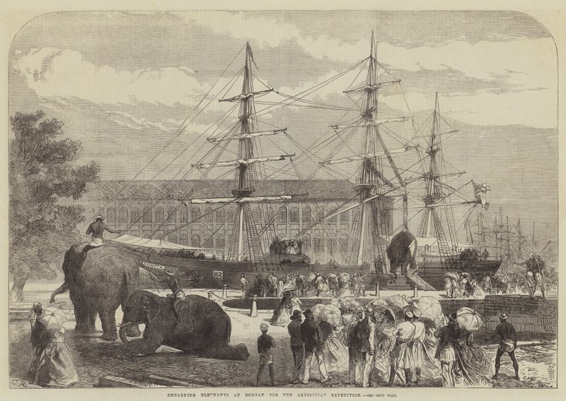 Ombordtagande av elefanter i Bombay för den abessinska expeditionen av Sir John Charles Robinson