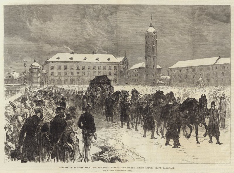 Prinsessan Alices begravning, processionen som går genom Ernest Ludwig Platz, Darmstadt av Sir John Charles Robinson