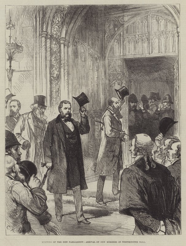 Möte av det nya parlamentet, ankomst av nya medlemmar i Westminster Hall av Sir John Charles Robinson