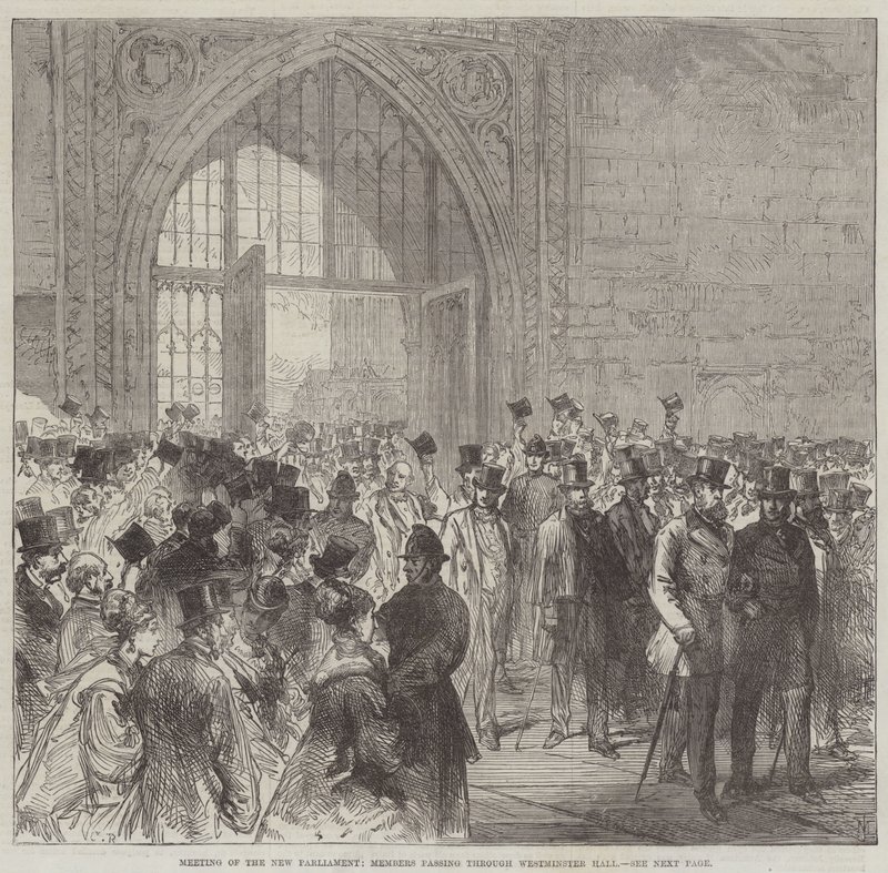 Möte i det nya parlamentet, ledamöter som passerar Westminster Hall av Sir John Charles Robinson