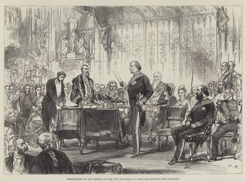 Utdelning av Freedom of the City of London till lordarna Beaconsfield och Salisbury av Sir John Charles Robinson