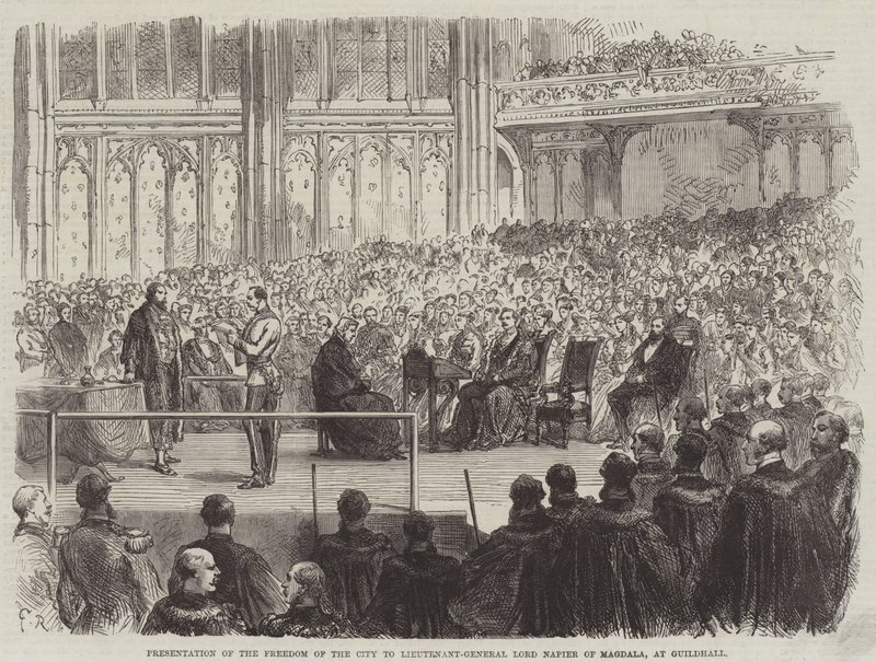 Presentation av stadens frihet för generallöjtnant Lord Napier av Magdala, i Guildhall av Sir John Charles Robinson