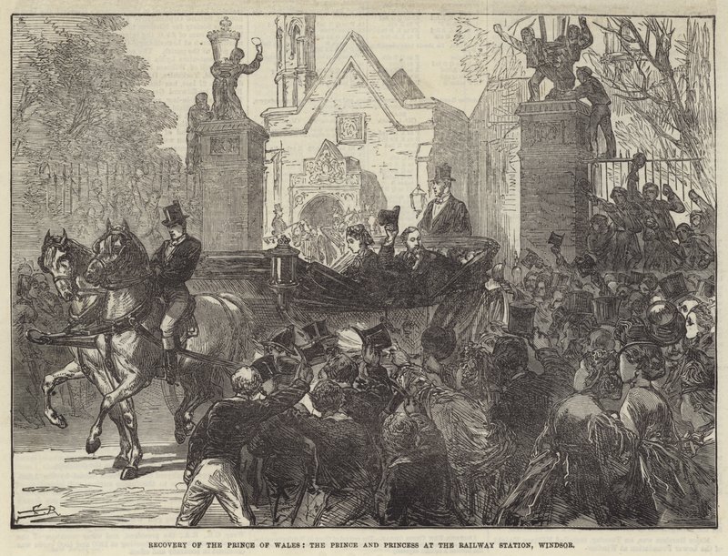 Återhämtning av prinsen av Wales, prinsen och prinsessan vid järnvägsstationen i Windsor av Sir John Charles Robinson