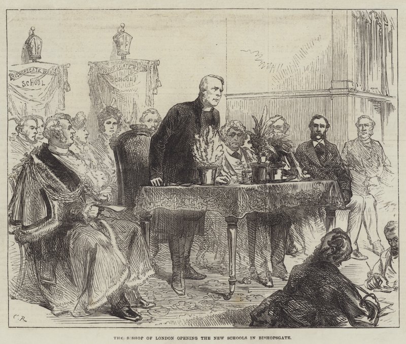 Biskopen av London invigde de nya skolorna i Bishopsgate av Sir John Charles Robinson