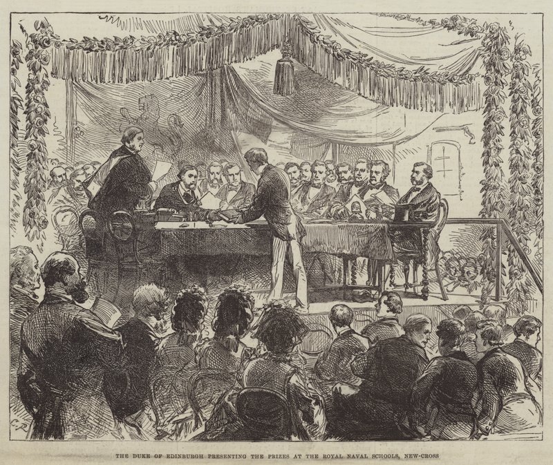 Hertigen av Edinburgh delar ut priserna vid Royal Naval Schools, New-Cross av Sir John Charles Robinson