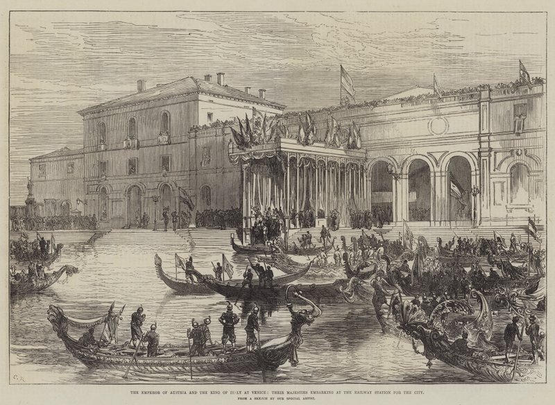 Kejsaren av Österrike och kungen av Italien i Venedig, deras majestäter som går ombord på järnvägsstationen för staden av Sir John Charles Robinson