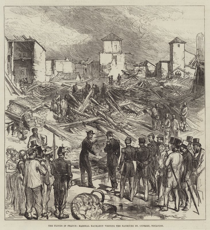Översvämningarna i Frankrike, marskalk Macmahon på besök i Faubourg St Cyprien, Toulouse av Sir John Charles Robinson