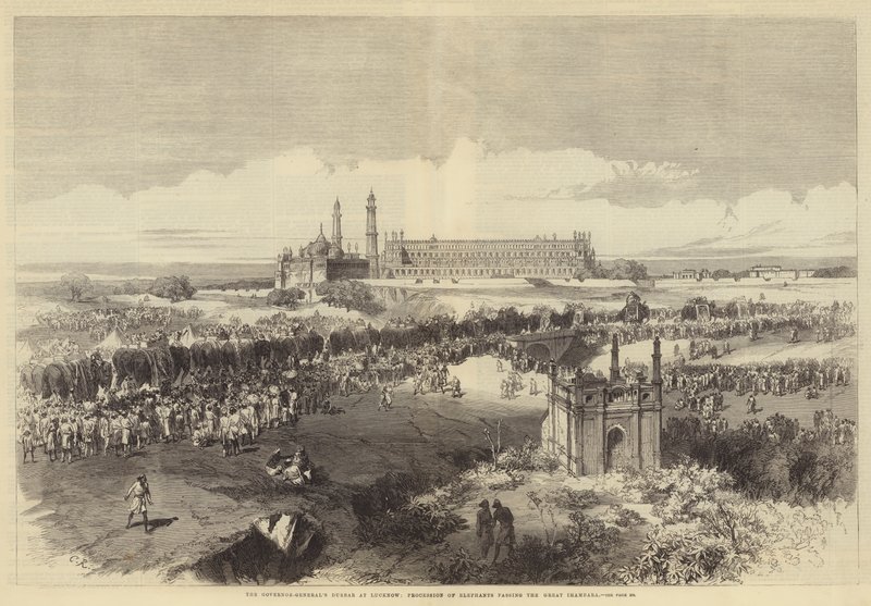 Generalguvernörens Durbar i Lucknow, Elefantprocession som passerar den stora Imambara. av Sir John Charles Robinson