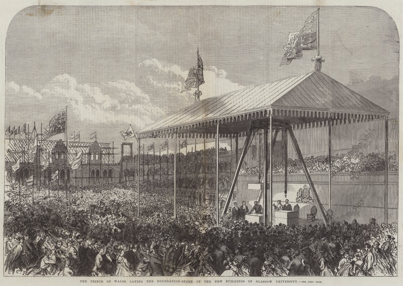 Prinsen av Wales lägger grundstenen för de nya byggnaderna vid Glasgow University av Sir John Charles Robinson