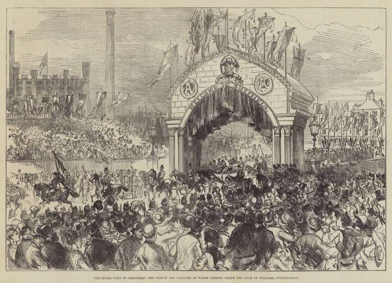 Det kungliga besöket i Sheffield, Prince och Princess of Wales som passerar under Arch of Welcome, Station-Road av Sir John Charles Robinson
