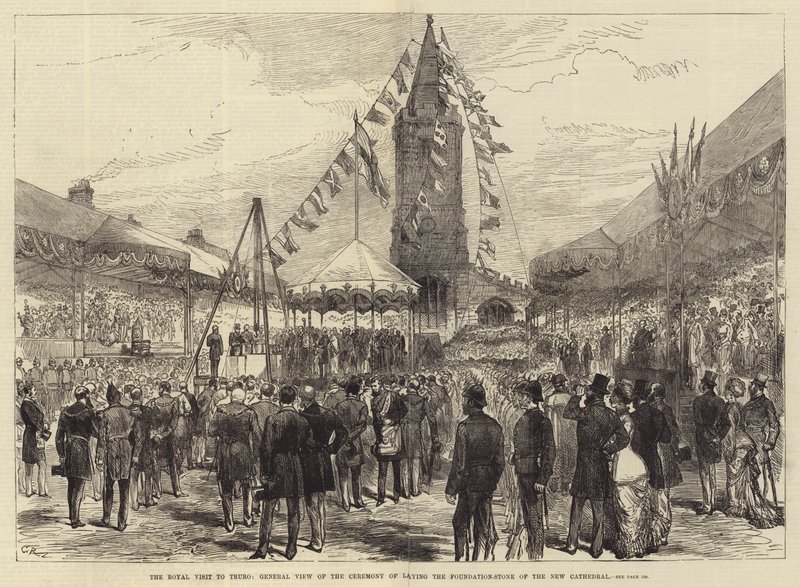 Det kungliga besöket i Truro, allmän syn på ceremonin för att lägga grundstenen för den nya katedralen av Sir John Charles Robinson