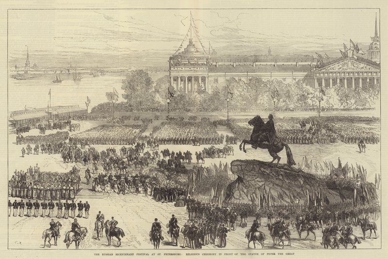 Den ryska tvåhundraårsfestivalen i S:t Petersburg, religiös ceremoni framför Peter den stores staty av Sir John Charles Robinson