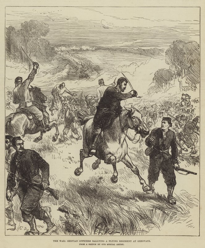 Kriget, serviska officerare som samlar ett flygande regemente vid Greovatz av Sir John Charles Robinson