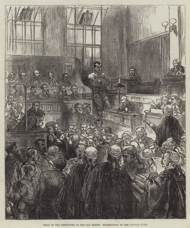 Rättegång mot detektiverna vid Old Bailey, undersökning av den dömde Kurr av Sir John Charles Robinson