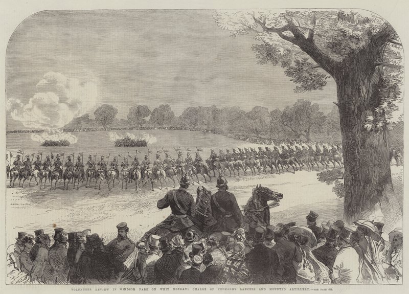 Volontärgranskning i Windsor Park på pingstmåndagen, laddning av Yeomanry Lancers och Mounted Artillery av Sir John Charles Robinson