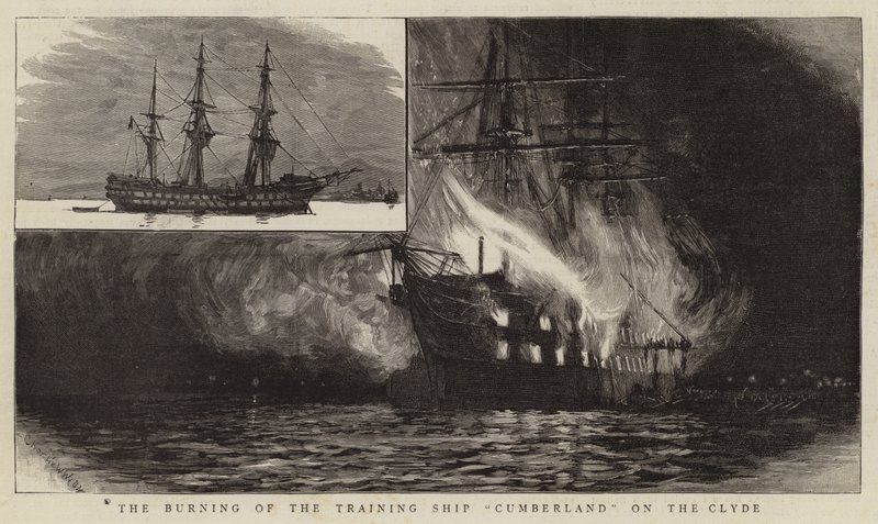 Brännandet av träningsfartyget Cumberland på Clyde av Charles William Wyllie
