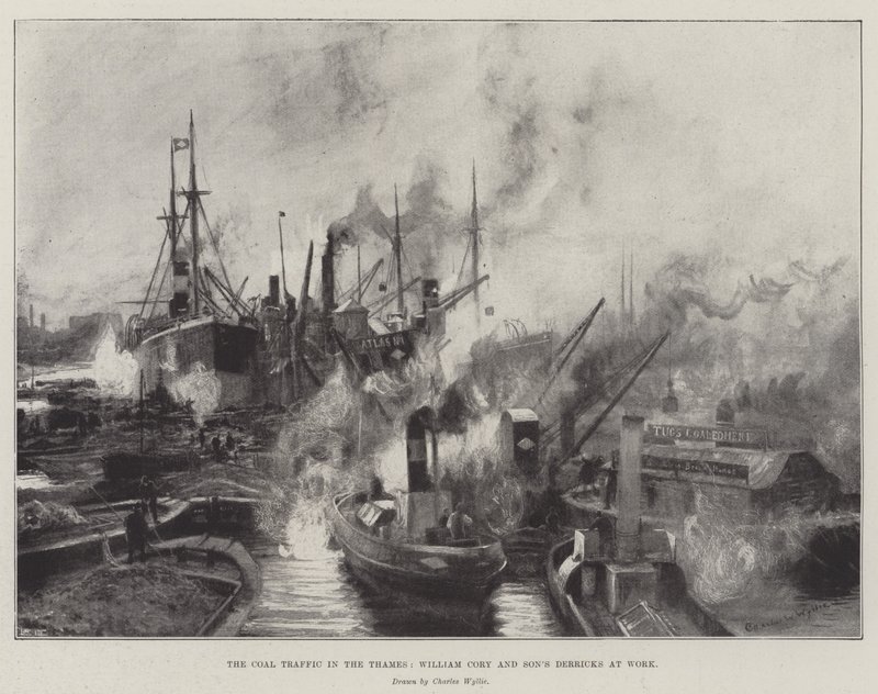 Koltrafiken i Themsen, William Cory och Sons borrtorn på jobbet av Charles William Wyllie