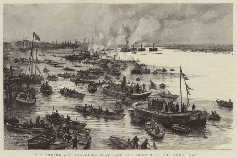 Oxford och Cambridge Boat-Race, utanför Chiswick, här kommer de! av Charles William Wyllie