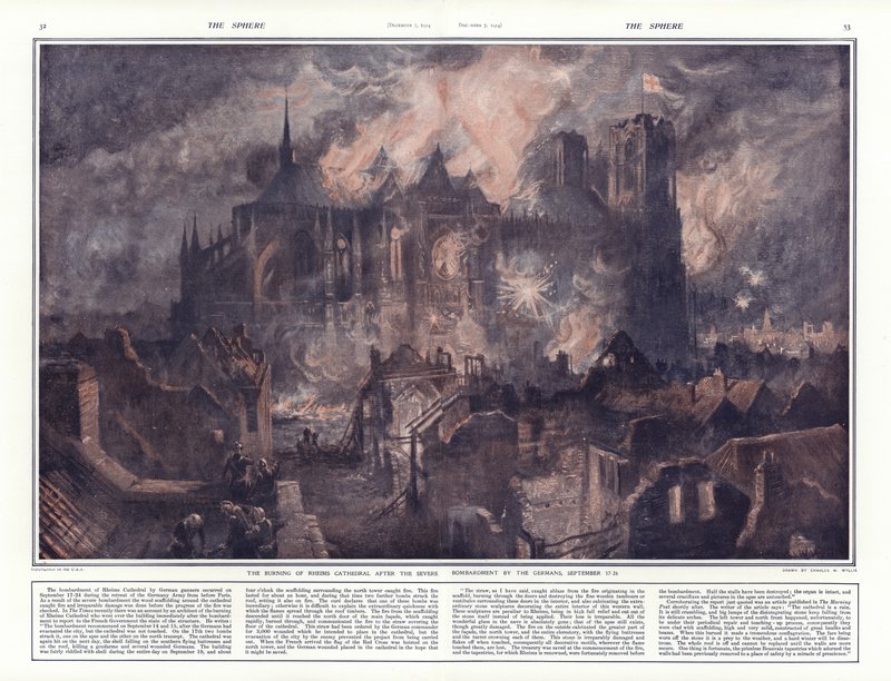 Bränningen av katedralen i Reims efter tyskarnas kraftiga bombningar, 17-24 september 1914. av Charles William Wyllie
