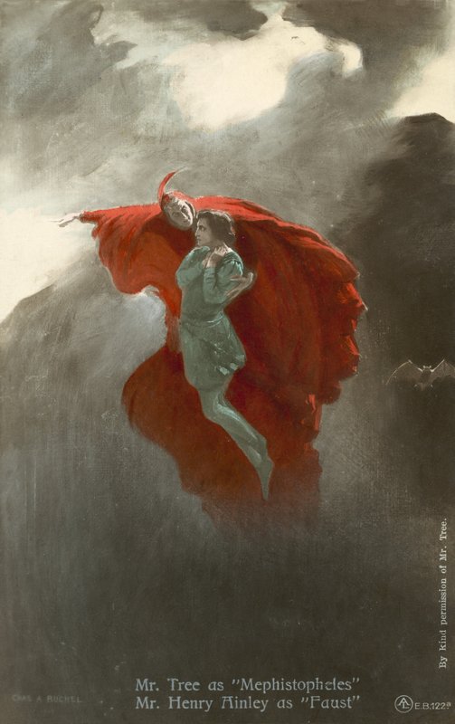Herbert Beerbohn Tree som Mephistopheles och Henry Ainley som Faust (färg litho) av Charles A. Buchel