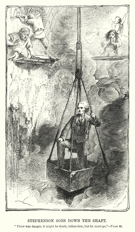 Stephenson går ner för skaftet (gravyr) av Charles Altamont Doyle