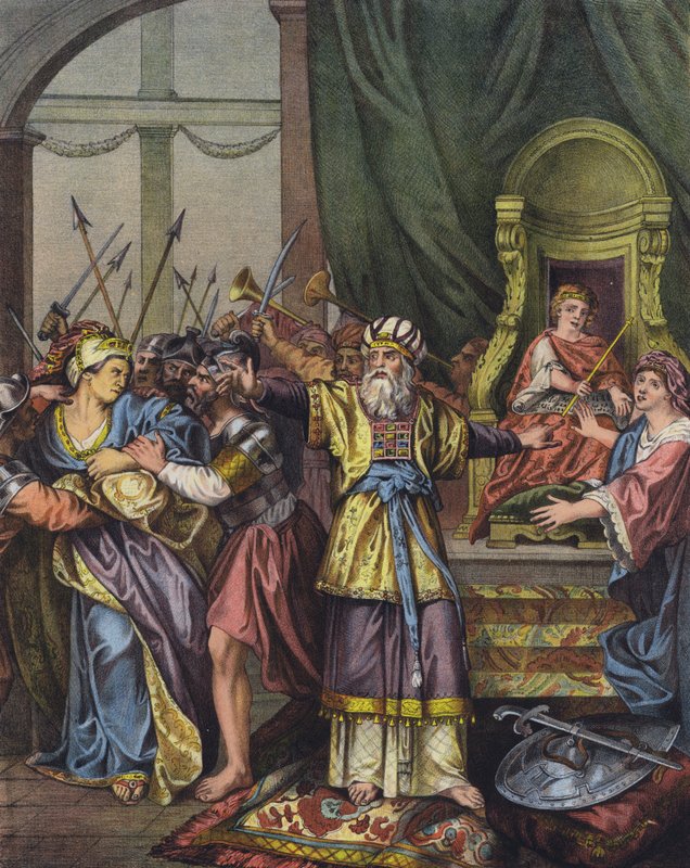 Drottning Atalja av Juda jagade från templet och ersattes som härskare av Joash (färg litho) av Charles Antoine (after) Coypel