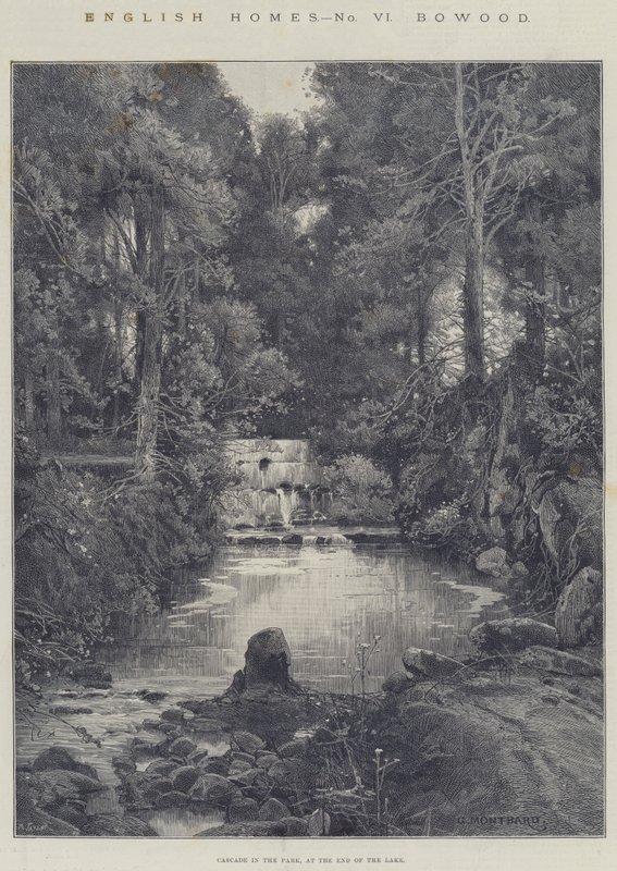 English Homes, Bowood, Cascade in the Park, vid slutet av sjön av Charles Auguste Loye