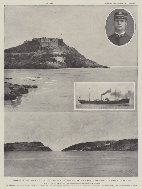 Ingång till hamnen i Santiago de Cuba; med Merrimac som sänktes vid den smalaste delen av kanalen av Charles Auguste Loye