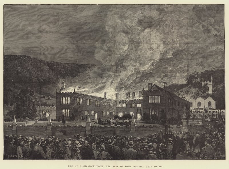 Brand vid Lanhydrock House, Lord Robartes säte, nära Bodmin av Charles Auguste Loye