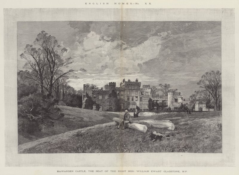 Hawarden Castle, högerns säte Hederade William Ewart Gladstone, MP av Charles Auguste Loye