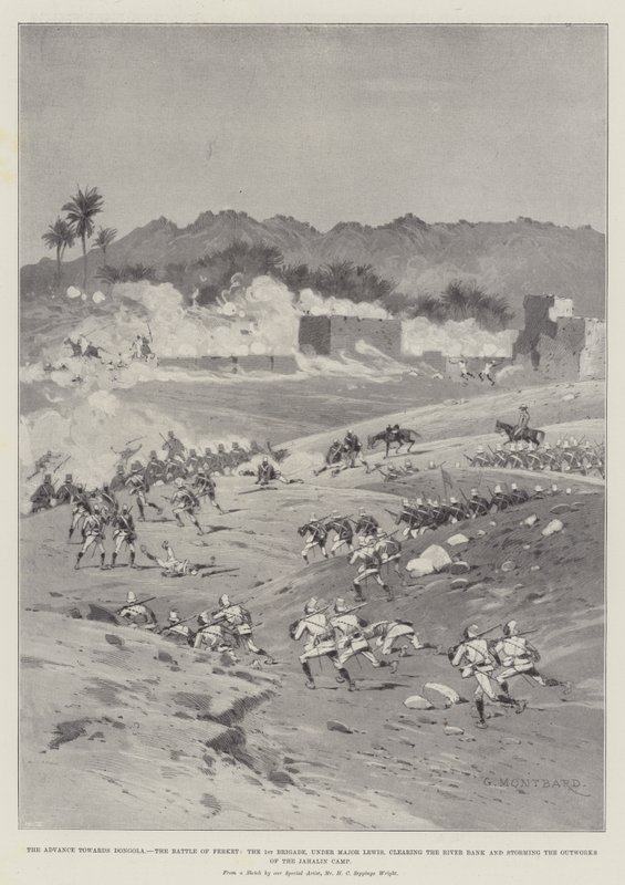 Framryckningen mot Dongola, slaget vid Ferket, 1:a brigaden under major Lewis som rensar flodbanken och stormar Jahalin-lägrets utbyggnader. av Charles Auguste Loye