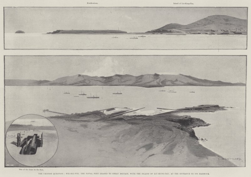 Den kinesiska frågan, Wei-Hai-Wei, örlogshamnen uthyrd till Storbritannien med ön Liu-Kung-Tau, vid ingången till dess hamn av Charles Auguste Loye
