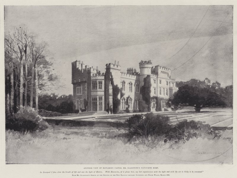 William Ewart Gladstones liv, en annan vy av Hawarden Castle, Gladstones favorithem. av Charles Auguste Loye