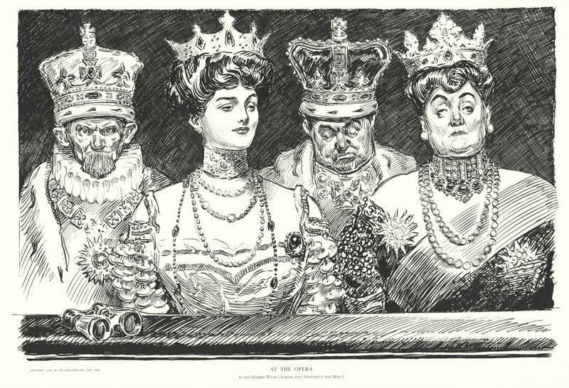 På operan, om kvinnorna bär kronor, varför inte männen (litografi) av Charles Dana Gibson