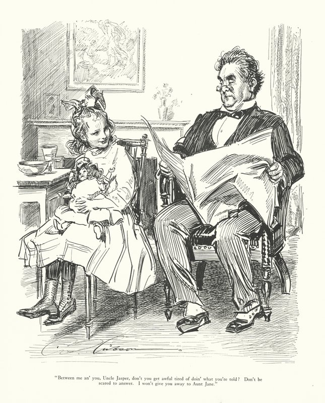 "Mellan dig och mig, farbror Jasper, är du inte trött på att göra som du blir tillsagd Var inte rädd för att svara. Jag ska inte lämna bort dig till moster Jane" (litografi) av Charles Dana Gibson