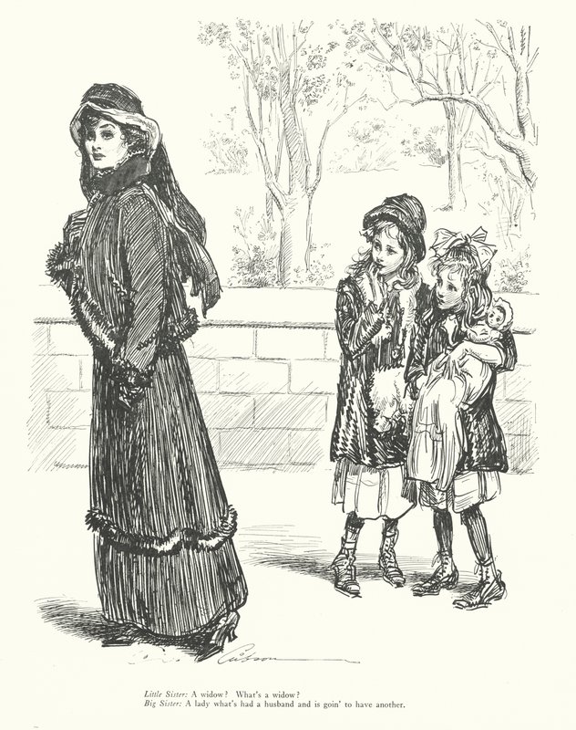 Lillasyster: En änka Vad är en änka Storasyster: En kvinna som har haft en man och ska skaffa en till (litografi) av Charles Dana Gibson