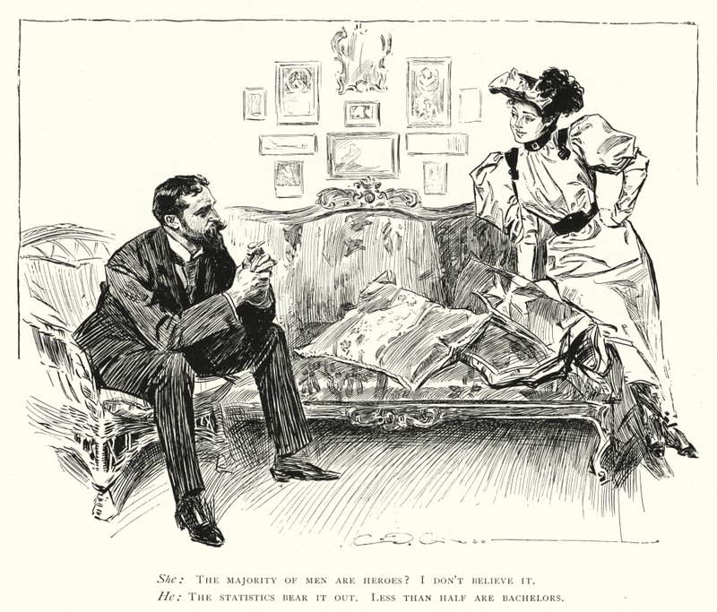Män är hjältar - mindre än hälften är ungkarlar (litho) av Charles Dana Gibson