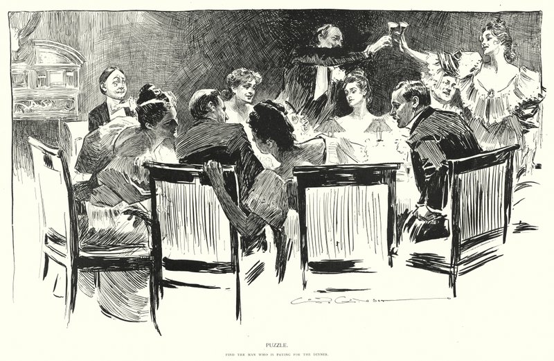 Pussel, hitta mannen som betalar för middagen (litho) av Charles Dana Gibson