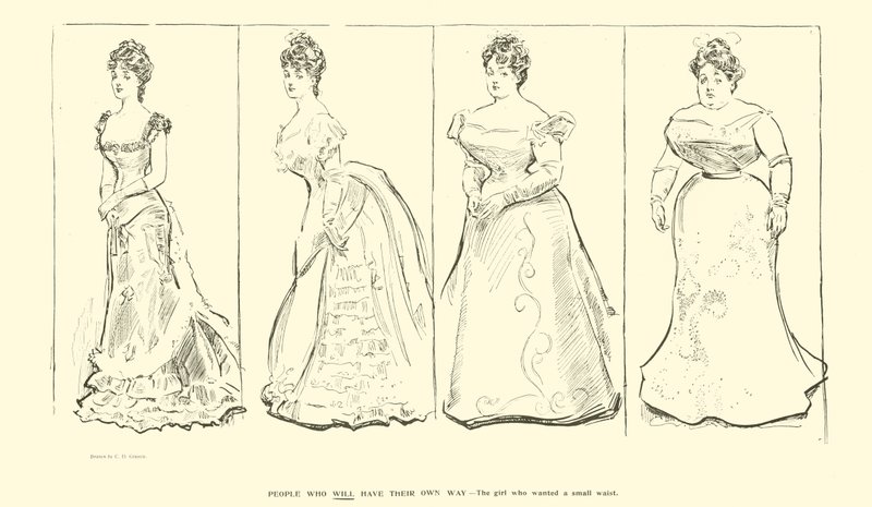 Flickan som ville ha en liten midja (litho) av Charles Dana Gibson