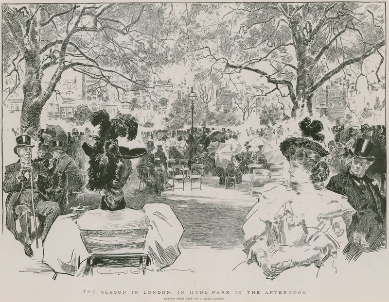 Säsongen i Hyde Park, London, på eftermiddagen (gravyr) av Charles Dana Gibson