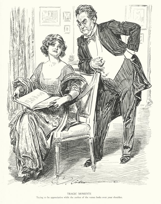Tragiska ögonblick, Att försöka vara tacksam medan författaren till verserna tittar över axeln (litografi) av Charles Dana Gibson
