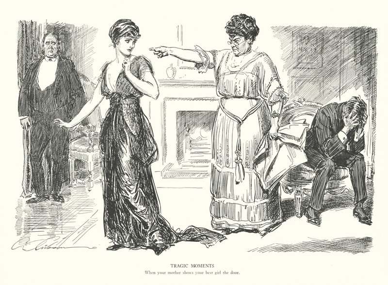 Tragiska ögonblick, När din mamma visar din bästa flicka ut genom dörren (litografi) av Charles Dana Gibson
