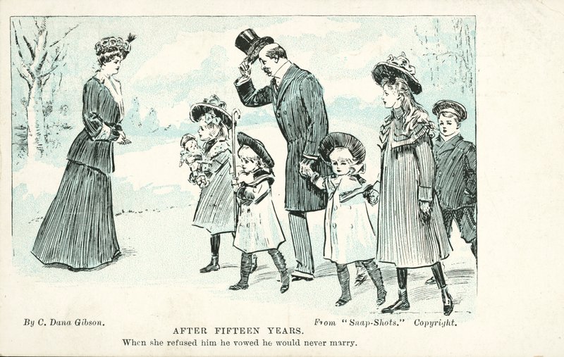 Kvinna som möter mannen hon vägrade i äktenskapet som svor att han aldrig skulle gifta sig (färg litho) av Charles Dana Gibson