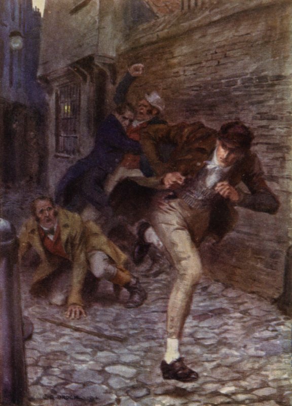 Illustration för The Amateur Gentleman av Jeffery Farnol (litho i färg) av Charles Edmund (after) Brock