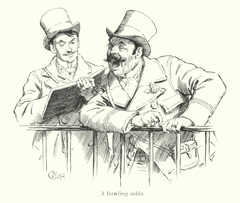 Bookie skrikande odds på en kapplöpningsbana (gravyr) av Charles Edmund Brock