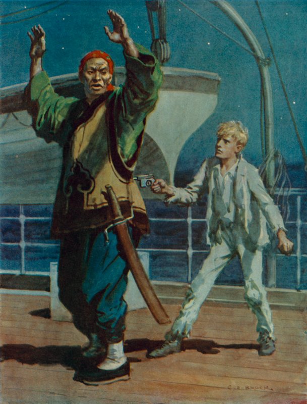 Pojke som håller en kinesisk pirat under pistolhot, scen från Hai Ping the Pirate (färg litho) av Charles Edmund Brock